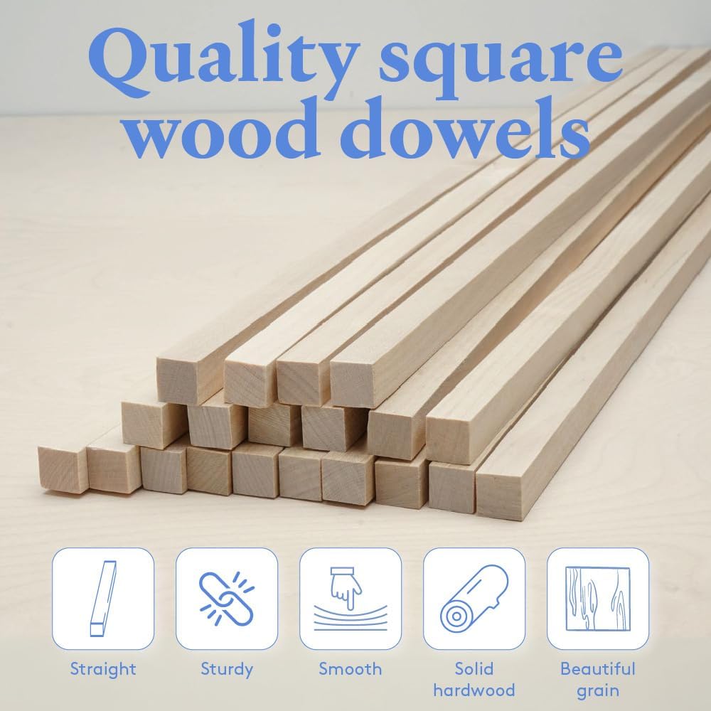 Wood Square Dowel Rods 3/16-inch x 48 Pack of 10 Wooden Craft Sticks for Crafts and Woodworking by Woodpeckers