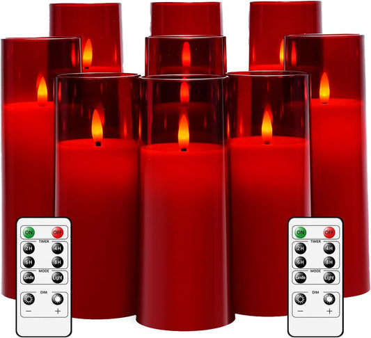 Flickering Flameless Candles Battery Operated with Remote and 2/4/6/8 H Timer Plexiglass Led Pillar Candles Pack of 9 (D2.3 xH 6" 7" 8") with Realistic Moving Wick Candles for Home Decor(Red)