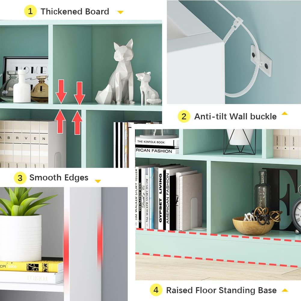IOTXY Open Shelf Low Bookcase - Wooden 3-Tier Floor Standing Display Cabinet Organizer with Base, 7 Cubes Short Horizontal Bookshelf in Warm White