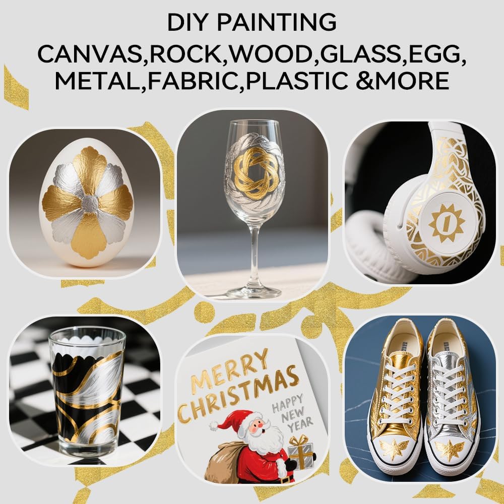TRANSON 3 Gold, 3 Silver, 1 Black and 1 White Paint Markers Brush and Bold Dual-tip Acrylic Paint Marker Set for Rock Painting Glass Canvas Wood Leather Ceramic Painting