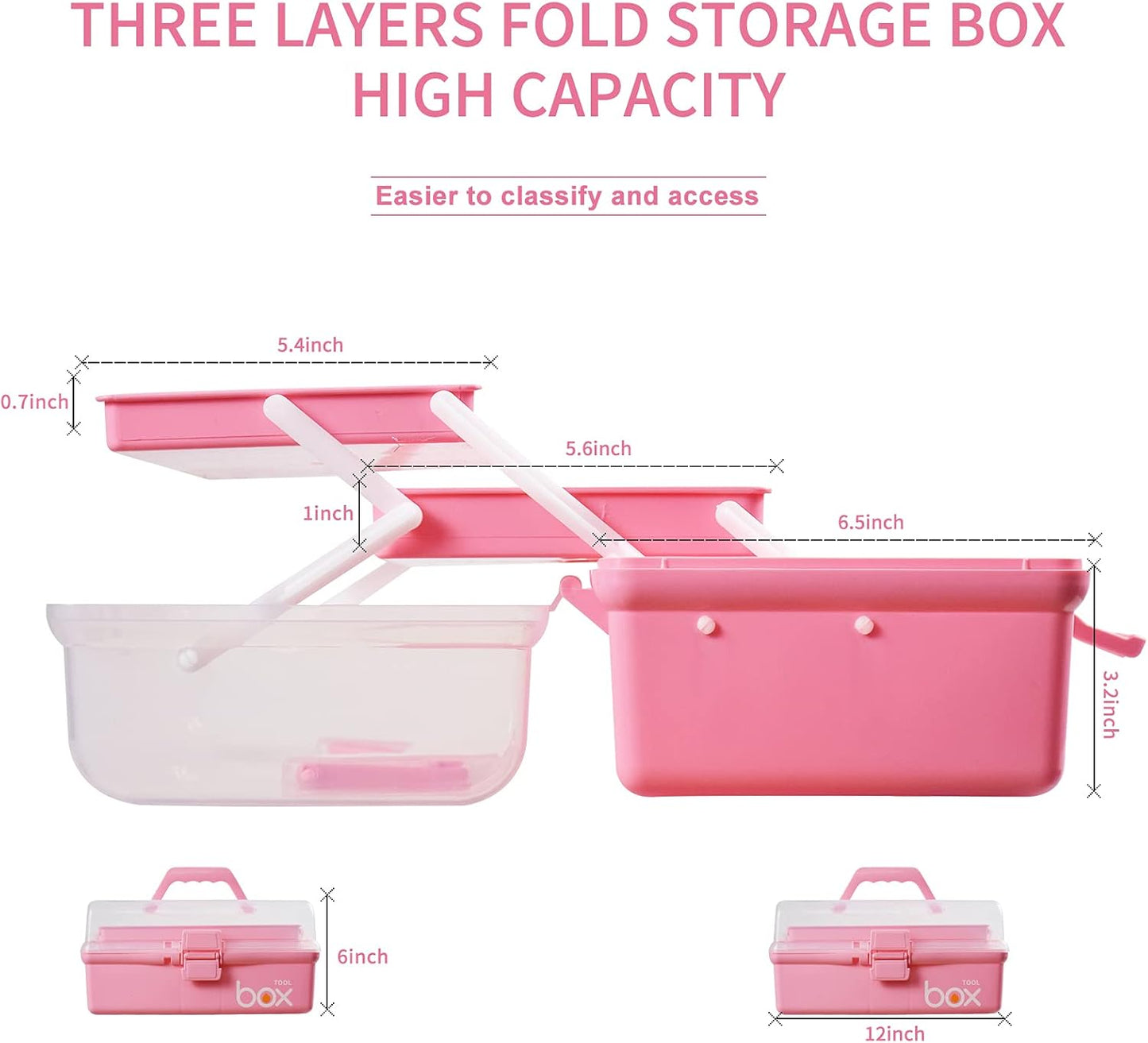 12in Three-Layer Multipurpose Storage Box Organizer Folding Tool Box/Art & Crafts Case/Sewing Supplies Organizer/Family First Aid organizer/Medicine Storage with 2 Trays (Pink)