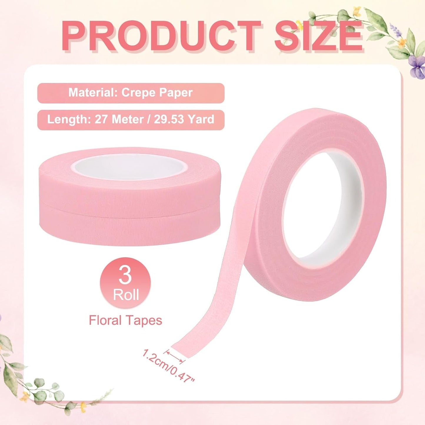 MECCANIXITY 3 Rolls Floral Tapes, 30 Yard x 1/16 in Florist Crepe Flowers Bouquets Tape Adhesive Waterproof for Flower Arranging Wrapping, Pink
