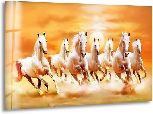My Photostation.com 28Wx18H'' White Horses Running on Sunset Glass Wall ArtTempered Glass Printing Wall Decor Large Wall Art Wall Hangings