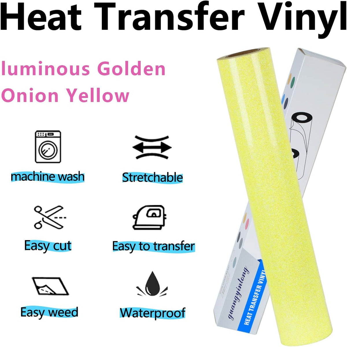 guangyintong Glow Glitter Light Yellow Heat Transfer Vinyl HTV Rolls, 12" x 8ft Iron on Vinyl for T-Shirts, Glitter HTV Vinyl for All Cutter Machines Easy to Cut & Weed for DIY Design