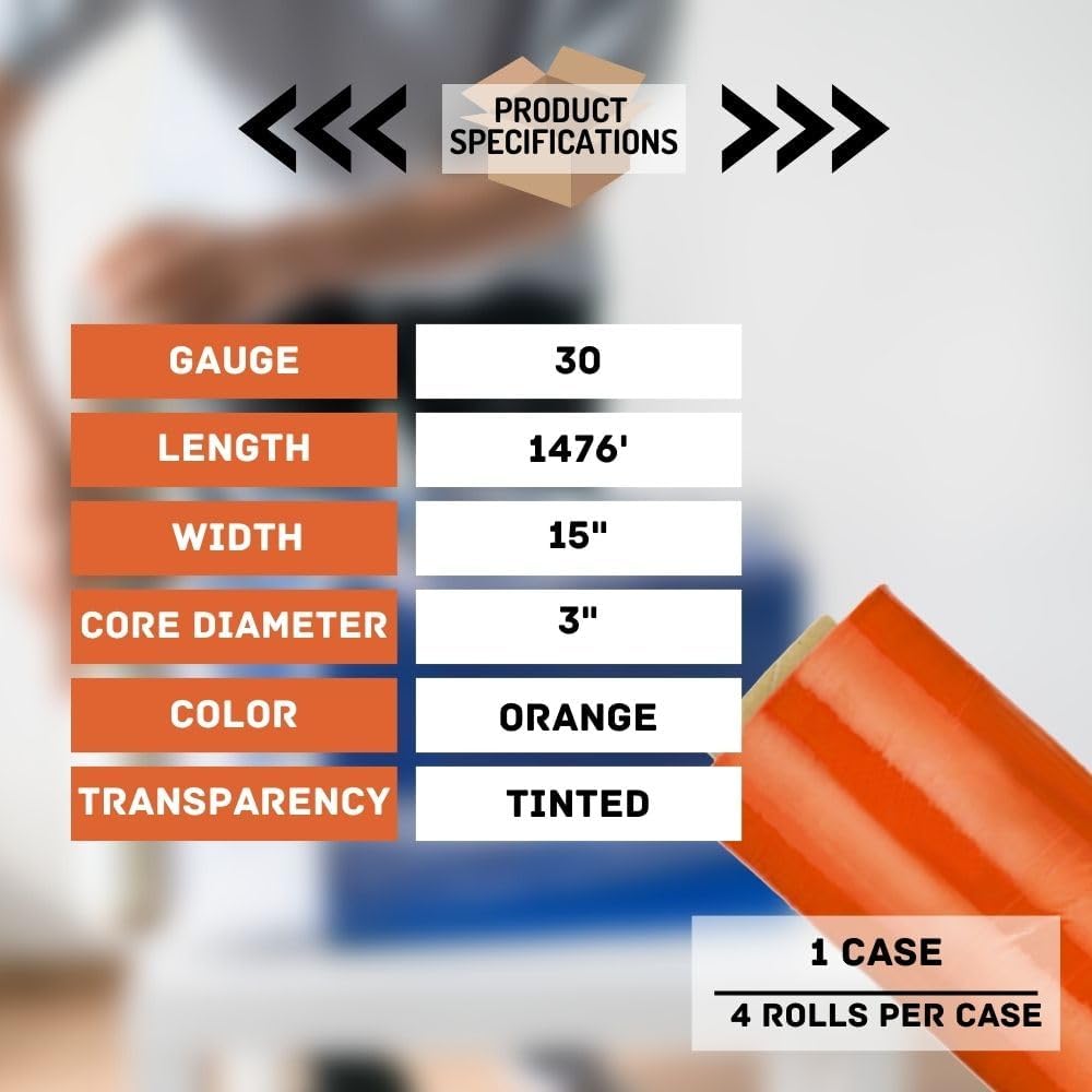 PSBM Orange Stretch Wrap, 15 Inch x 1476 Feet, 4 Pack, Tinted Pre-Stretched Shrink Wrap Film for Moving, Packaging, Pallet Wrapping