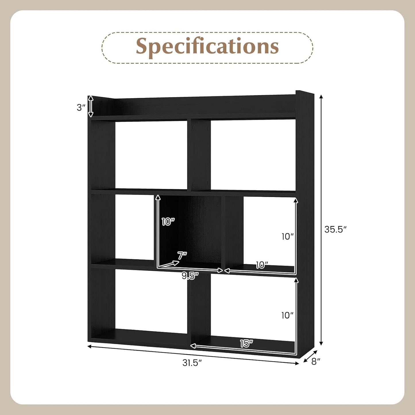 Giantex 7 Cubes Bookshelf, Free-Standing Wooden Bookcase, 4 Tier Home Display Shelf, Horizontal Storage Unit w/Anti-Toppling Devices, Open-Back Display Rack for Study, Living Room (1, Black)