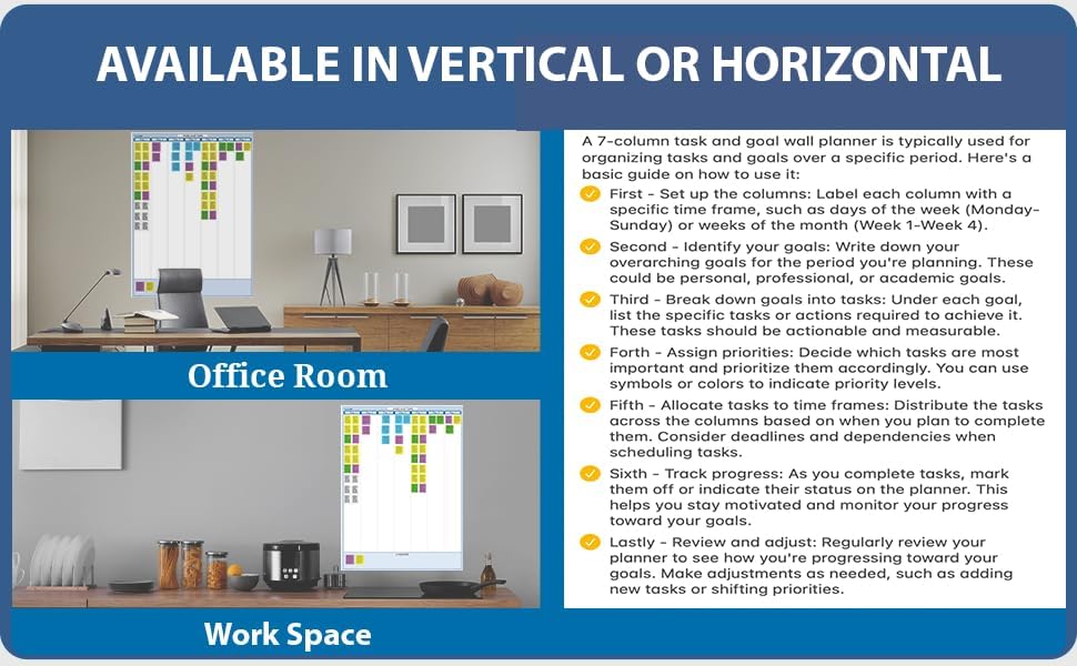Sky Blue 7-Column Task, Goals & Objective Wall Vertical Organizer 56" x 36". Complete with Marker