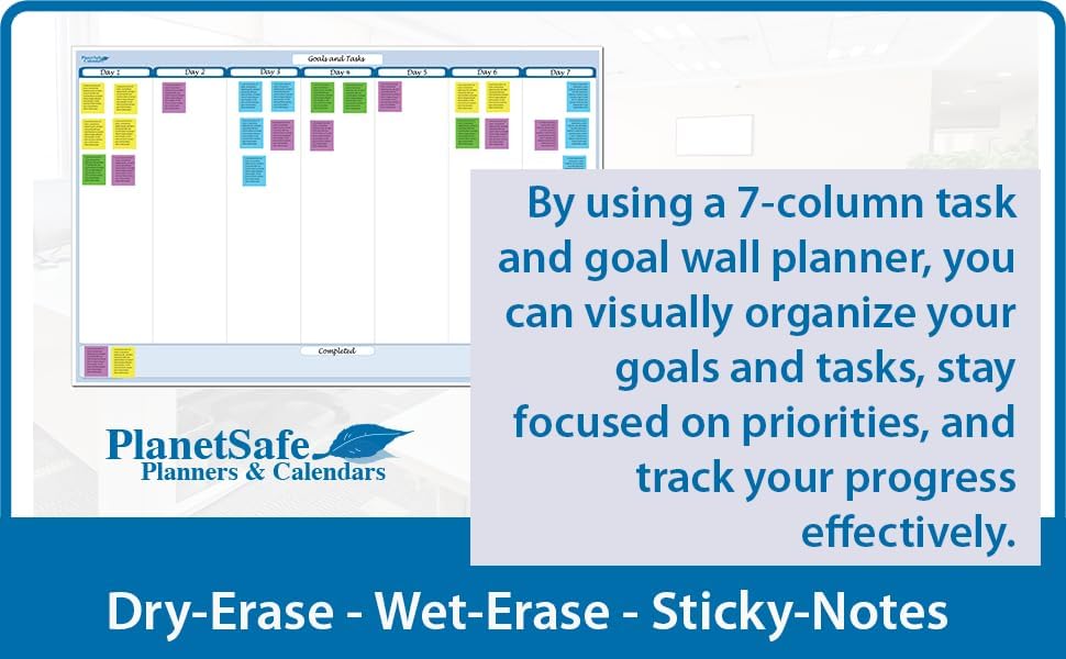 Sky Blue 7-Column Task, Goals & Objective Wall Horizontal Organizer 32" x 48". Complete with Marker