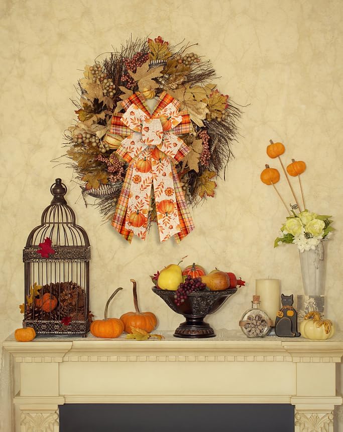 Threetols 2 Rolls 10 Yards Fall Wired Edge Ribbons, 2.5inch Orange Plaid Burlap Ribbons, Autumn Leaves Pumpkin Ribbon for Thanksgiving Party DIY Craft Fall Wreath Bow Decor