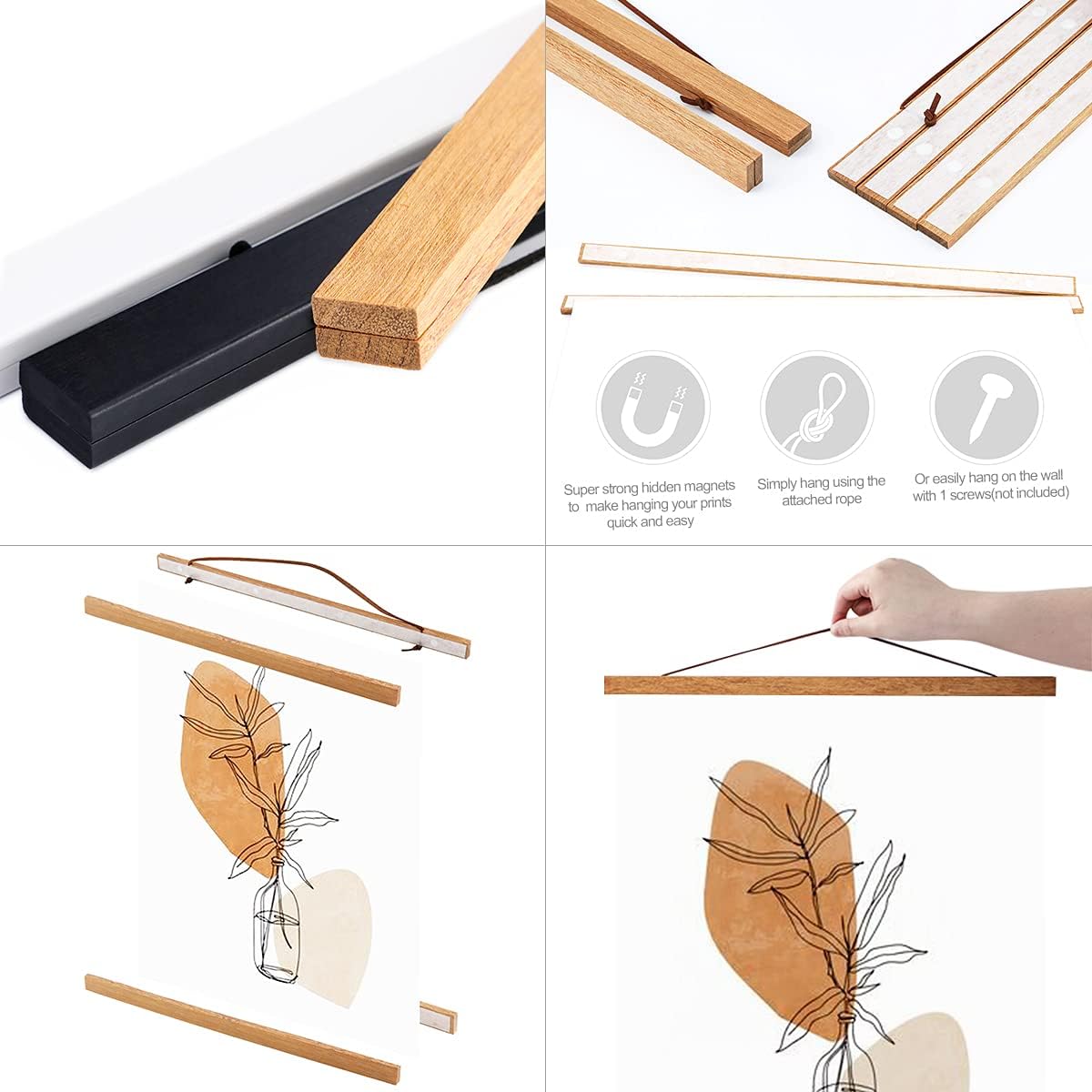Ywlake Magnetic Poster Hanger, 32x24 32x48 32x23 Poster Frame Wood Wooden Magnet Print Posters Dowel Scroll Hanger Hangers Hanging Kit for Walls Map Canvas Artwork (Teak Wood, 32")