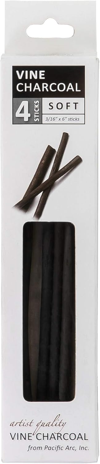 Pacific Arc Artist Vine Charcoal, Soft, Black 4 Charcoal Sticks for Drawing, Sketching, and Fine Art