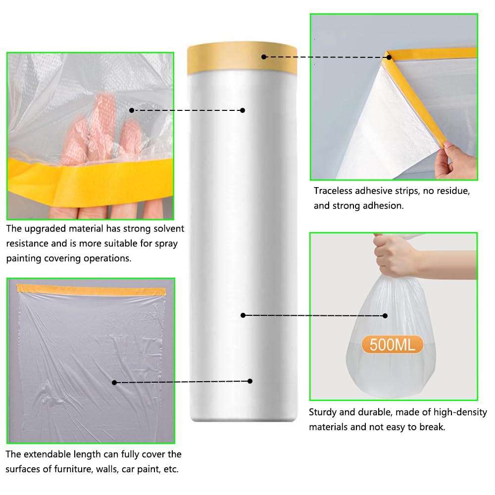 Pre-Taped Masking Film-22inx65ft Tape and Drape Painters Plastic Rolls, Plastic Painting Film for Automotive Painting Covering,Protective Drop Film for Furniture, Car, Floor (4rolls, 22in×65ft)