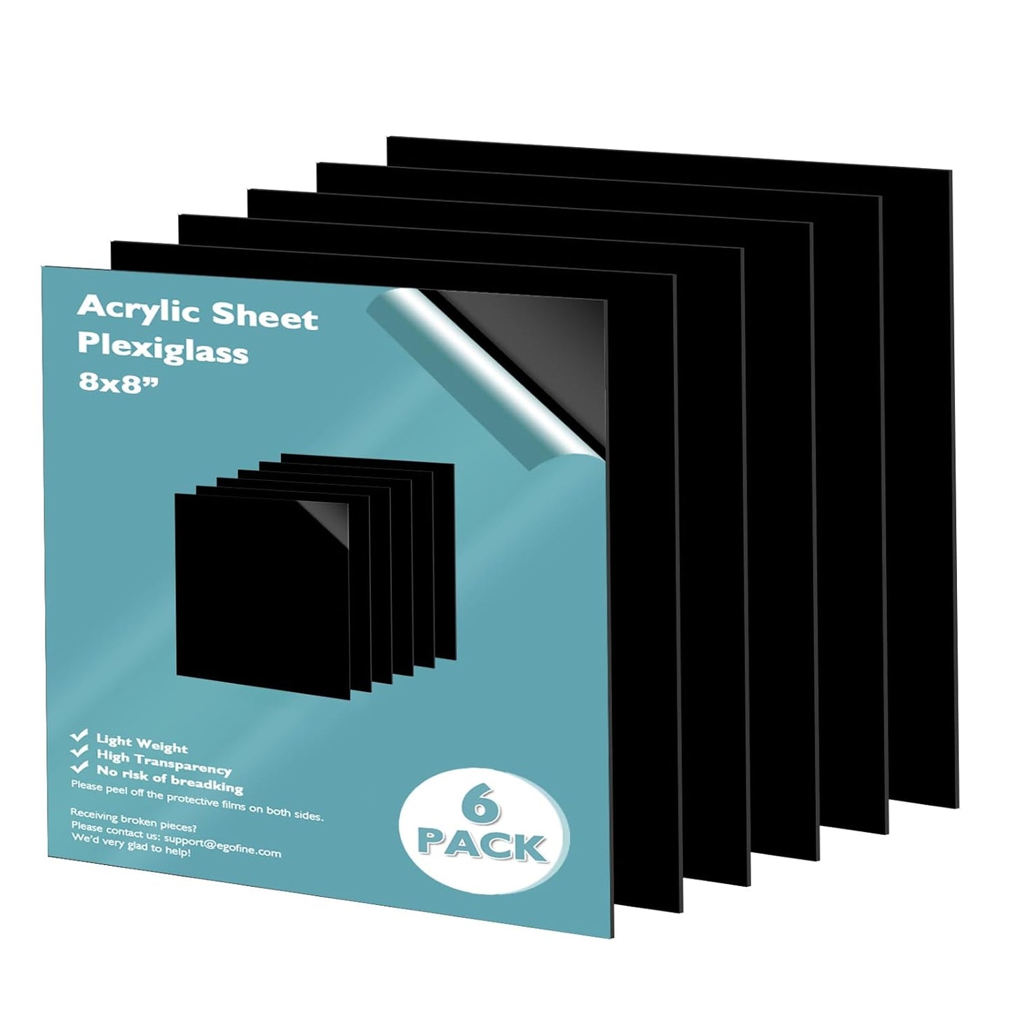 Egofine 8" x 8" Black Plexiglass Sheets 6 Pack 0.04 Inch Cast Acrylic Sheet Thick for DIY Craft Projects, Painting, Photography, Sign, Display Stand, Home Decor, Easy to Cut
