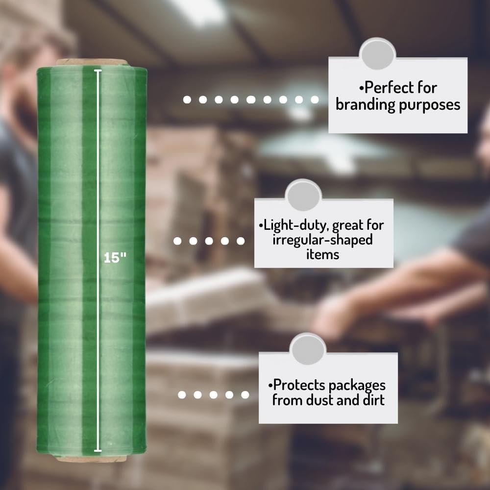 PSBM Green Stretch Wrap, 15 Inch x 1476 Feet, 144 Pack, Tinted Pre-Stretched Shrink Wrap Film for Moving, Packaging, Pallet Wrapping