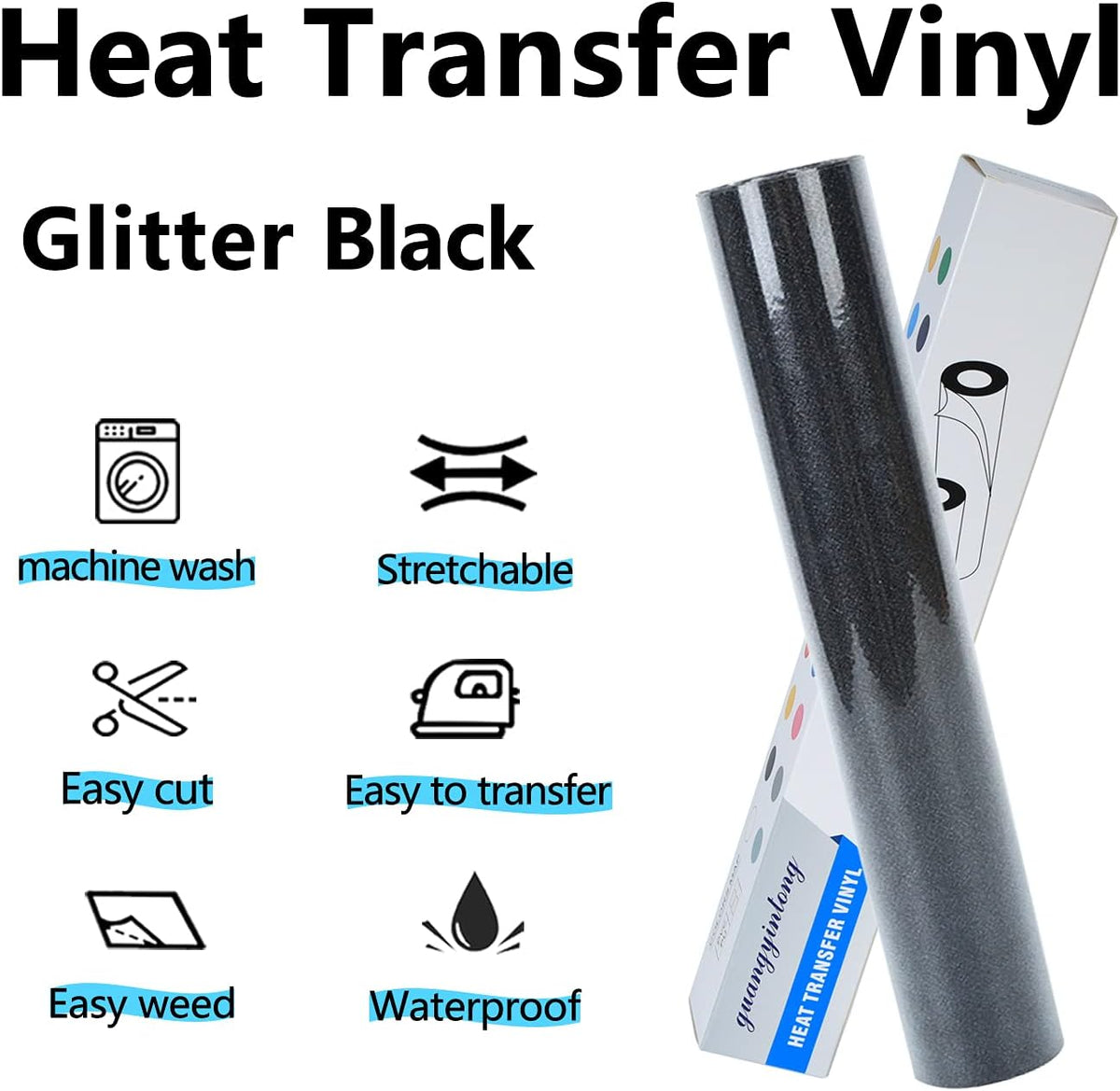 guangyintong Glitter Black Heat Transfer Vinyl HTV Rolls, 12" x 8ft Iron on Vinyl for T Shirts Glitter Black HTV Vinyl for All Cutter Machines Easy to Cut & Weed for Heat Vinyl Design