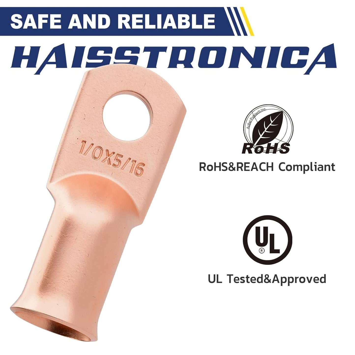 haisstronica 10pcs 1/0 AWG - 5/16"(M8) Battery Cable Lugs, Heavy Duty Copper Wire Lugs with 10pcs 3:1 Adhesive Heat Shrink Tubing, 0Gauge Wire Connectors Battery Terminal Connector, Battery Cable Ends