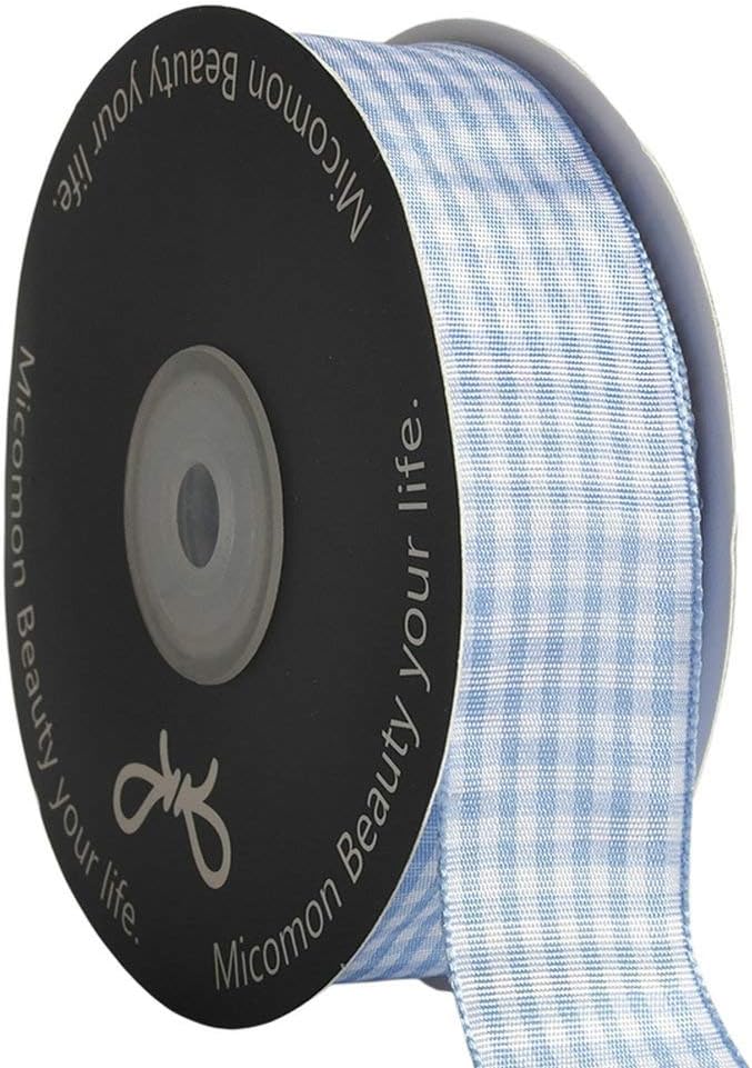 Light Blue Gingham Plaid Checked Ribbon 25 Yard Each Roll 100% Polyester (1", Light Blue)