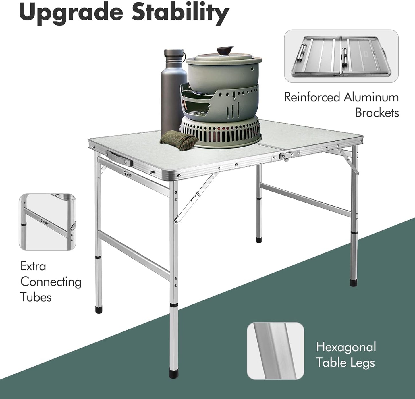 VILLEY Folding Camping Table, 3ft Small Portable Lightweight Outdoor Table with Aluminum Adjustable Legs for Travel Picnic Cooking Beach