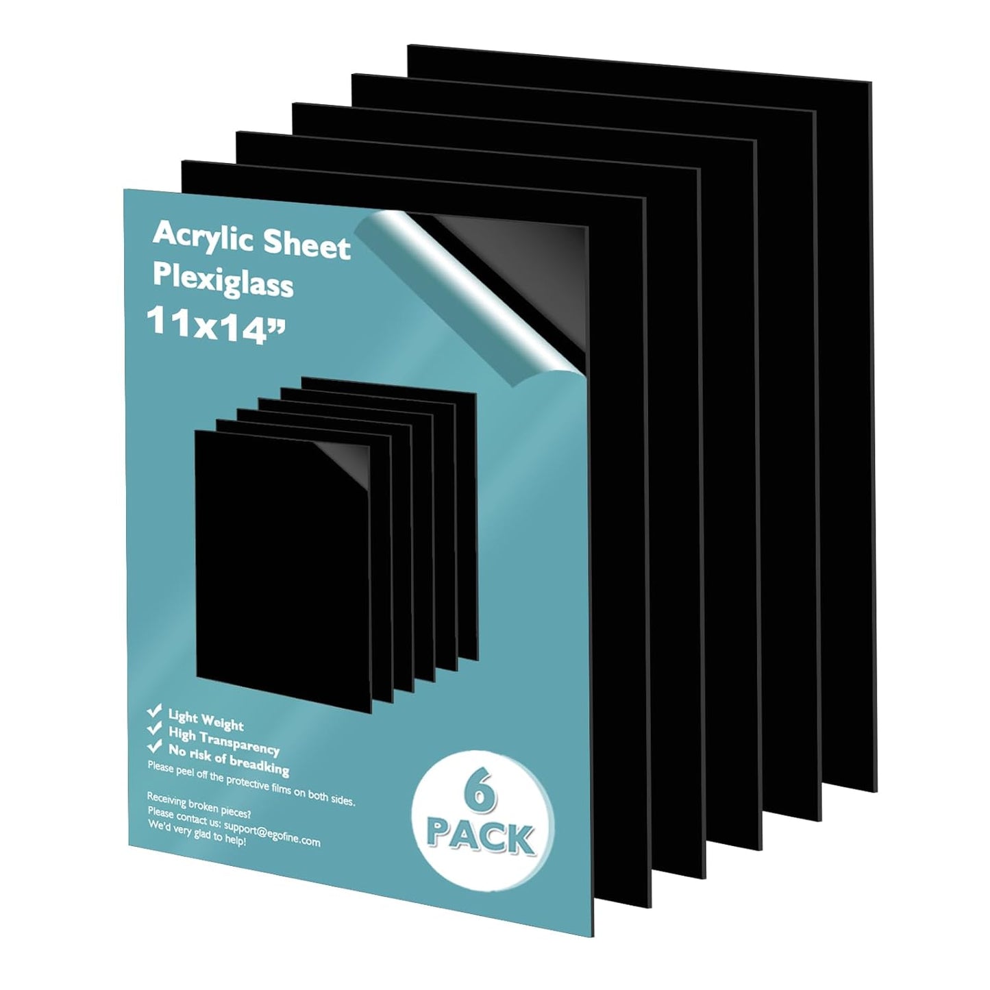 Egofine 11" x 14" Black Plexiglass Sheets 6 Pack 0.04 Inch Cast Acrylic Sheet Thick for DIY Craft Projects, Painting, Photography, Sign, Display Stand, Home Decor, Easy to Cut
