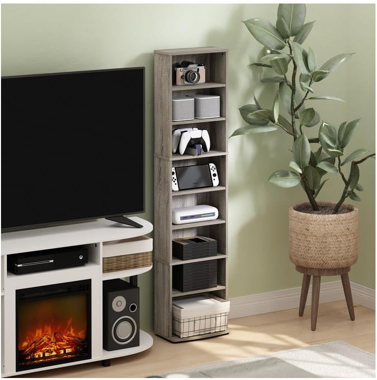 Adjustable Shelves Multimedia Storage Tower Rack with Spacious Media Organization, Durable Design, Versatile Rack for DVDs, CDs, Games, and More French Oak/8 Tier