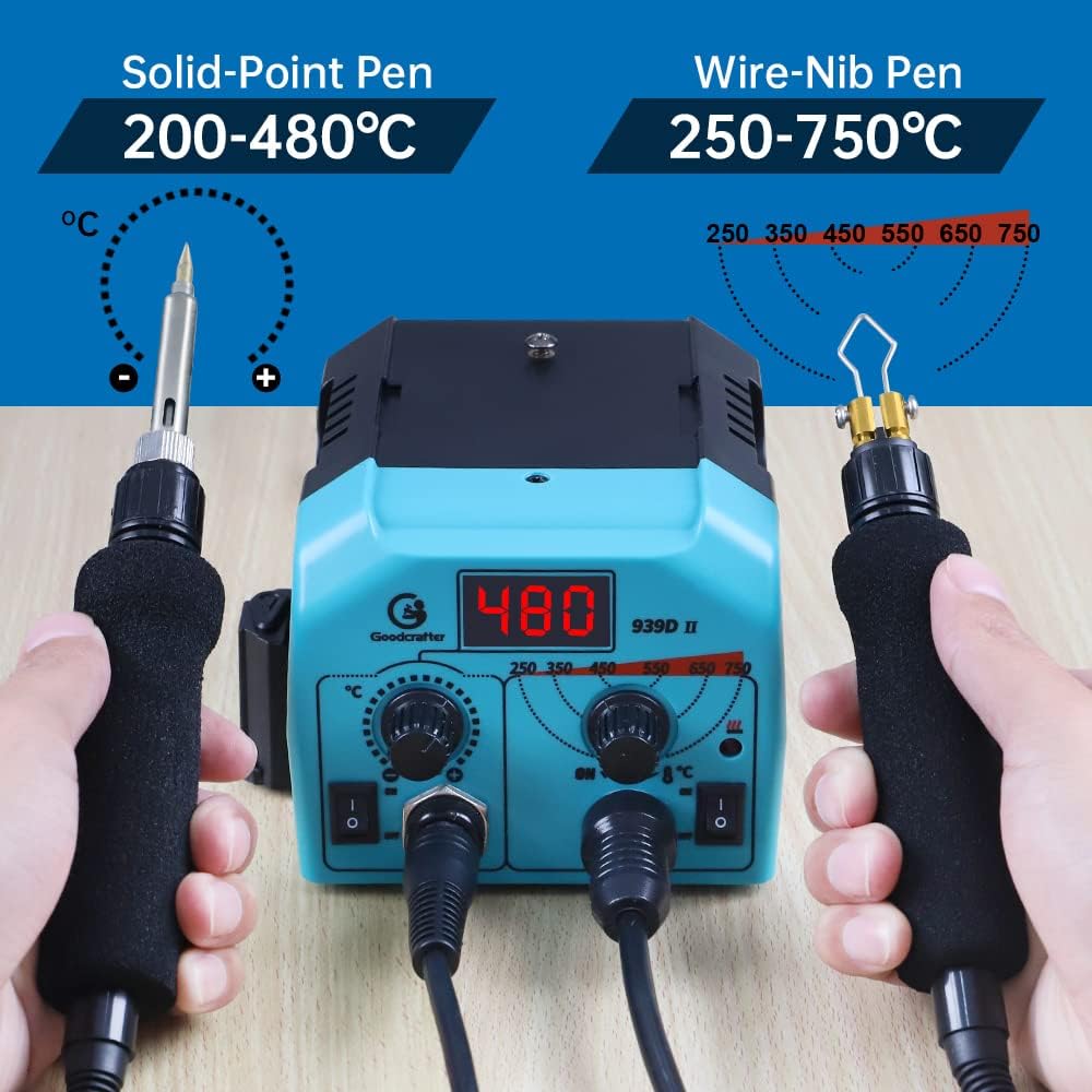 Goodcrafter Pyrography Pen 2-IN-1 Wood Burning Kit 101-IN-1,200~480°C (withTemp Display)/Wire-Nib 250~750°C Temp adjustable with 20 Nibs,53 Solid Points,12 Stencils and 15 Wood Chip(Mother's Day gift）