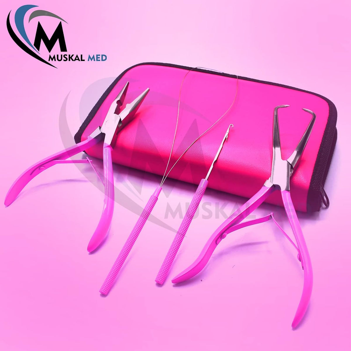 Professional Hair Extension & Beading Tool Kit Remove Plier Set for beads (4 Piece) I-Link Micro Ring Loop Needle Pulling Hook Threader Wire for Silicone Rings (Hot Pink)
