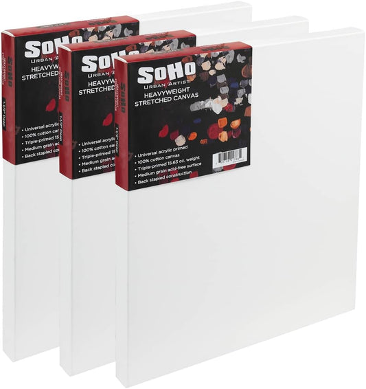 SoHo Urban Artist, 22x28 Heavyweight Stretched Cotton Canvas for Painting - 1.5" Deep- 3 Pack, Triple Primed, 100% Cotton Canvas, Archival, Universal Primed for Oil, Acrylic, Alkyd, Mixed Media