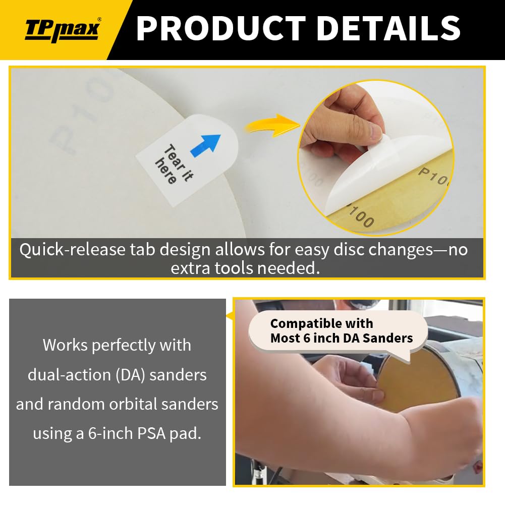 6-Inch 180-Grit Gold PSA Sanding Discs, 50 Pack – Pro-Grade Self-Adhesive Stickyback Sandpaper with Quick-Release Tabs for DA Sander, Fine Automotive/Wood/Metal Sanding