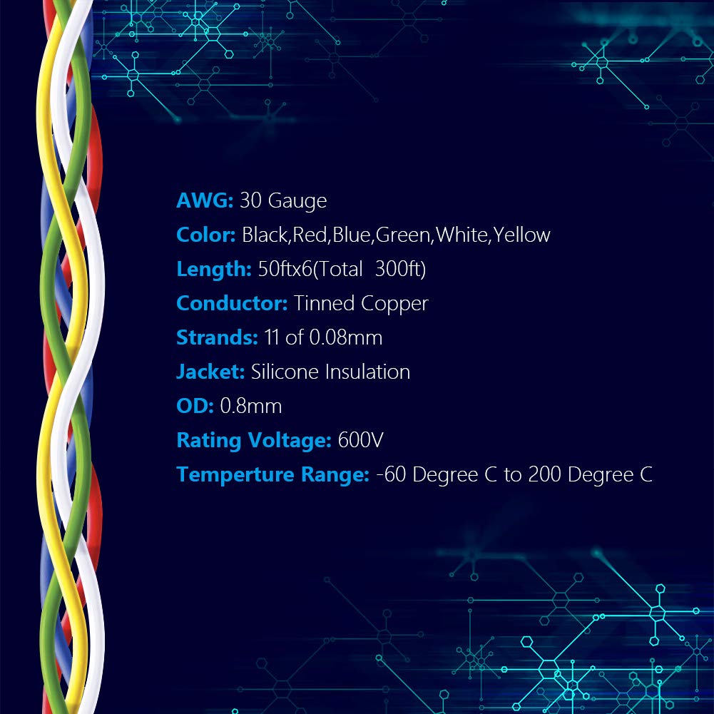Fermerry 30 AWG Stranded Wire Spool 50ft Each 6 Colors Flexible 30 Gauge Silicone Hook up Wire Kit Electrical Tinned Copper Wire