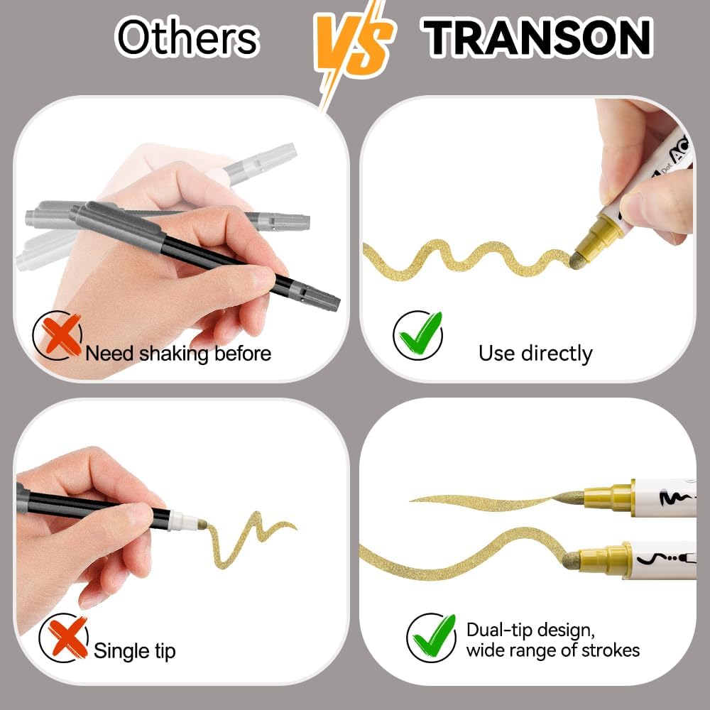 TRANSON 4 Silver and 4 Gold Paint Markers Brush and Bold Dual-tip Acrylic Paint Marker Set for Rock Painting Glass Canvas Wood Leather Ceramic Painting