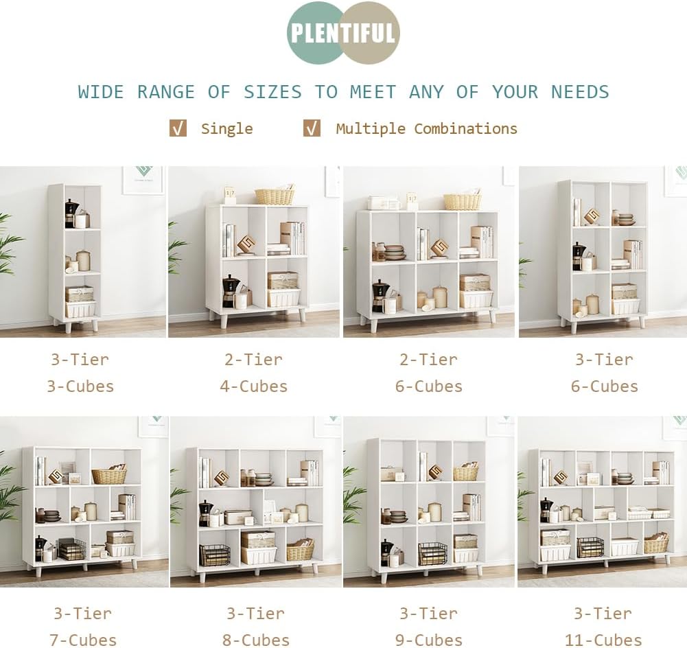 IOTXY Open Cube Low Bookcase - 3-Tier Freestanding Storage Display Cabinet Organizer with Legs for Home Office, 8-Cubes Open Shelf Short Bookshelf, White