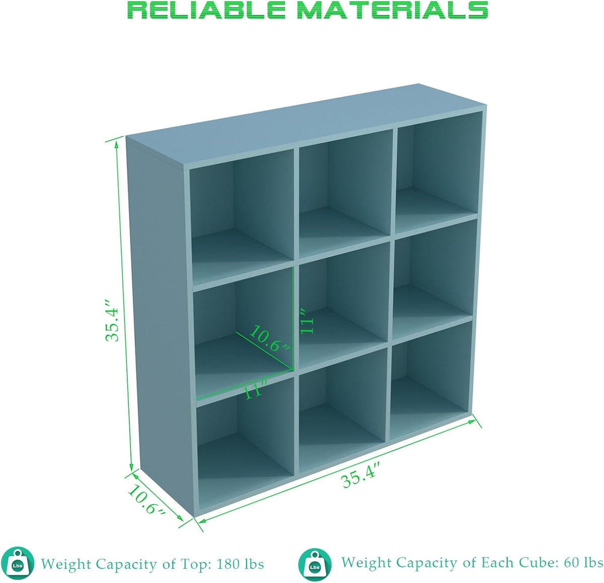 9-Cube Storage Shelf Bookcase - Wooden 3-Tier Floor Standing Open Bookshelf for Home and Office, Display Cabinet, Light Blue