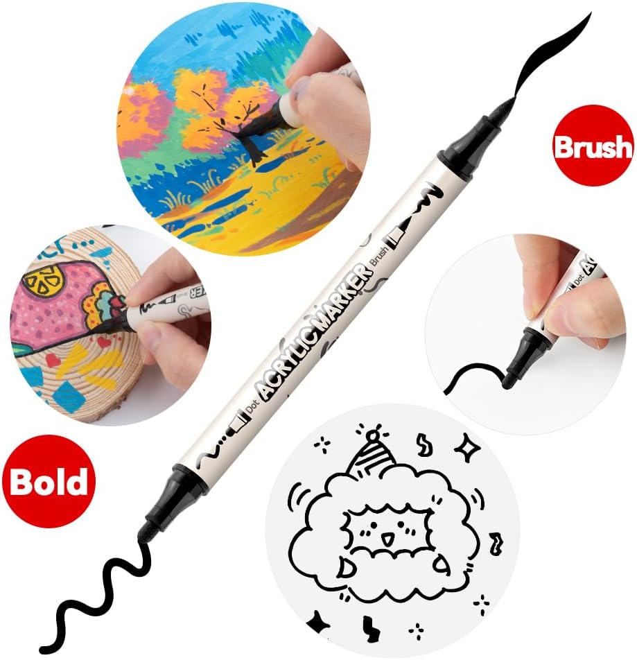 TRANSON 4 Black and 4 White Paint Markers Brush and Bold Dual-tip Acrylic Paint Marker Set for Rock Painting Glass Canvas Wood Leather Ceramic Painting