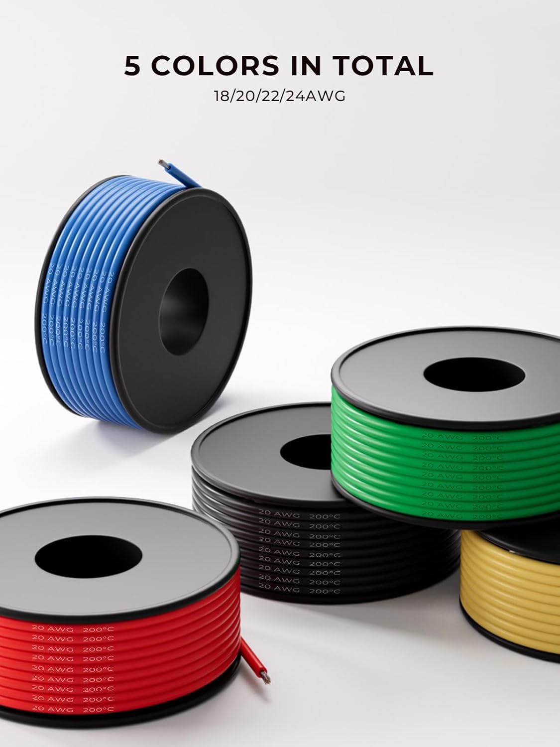 20 AWG Silicone Wire Kit 250FT, 20 Gauge Stranded Tinned Copper Wire Spool, 5 Colors 50FT Each,Flexible Electrical Wire for DIY, Automotive, LED, Arduino, Battery Projects