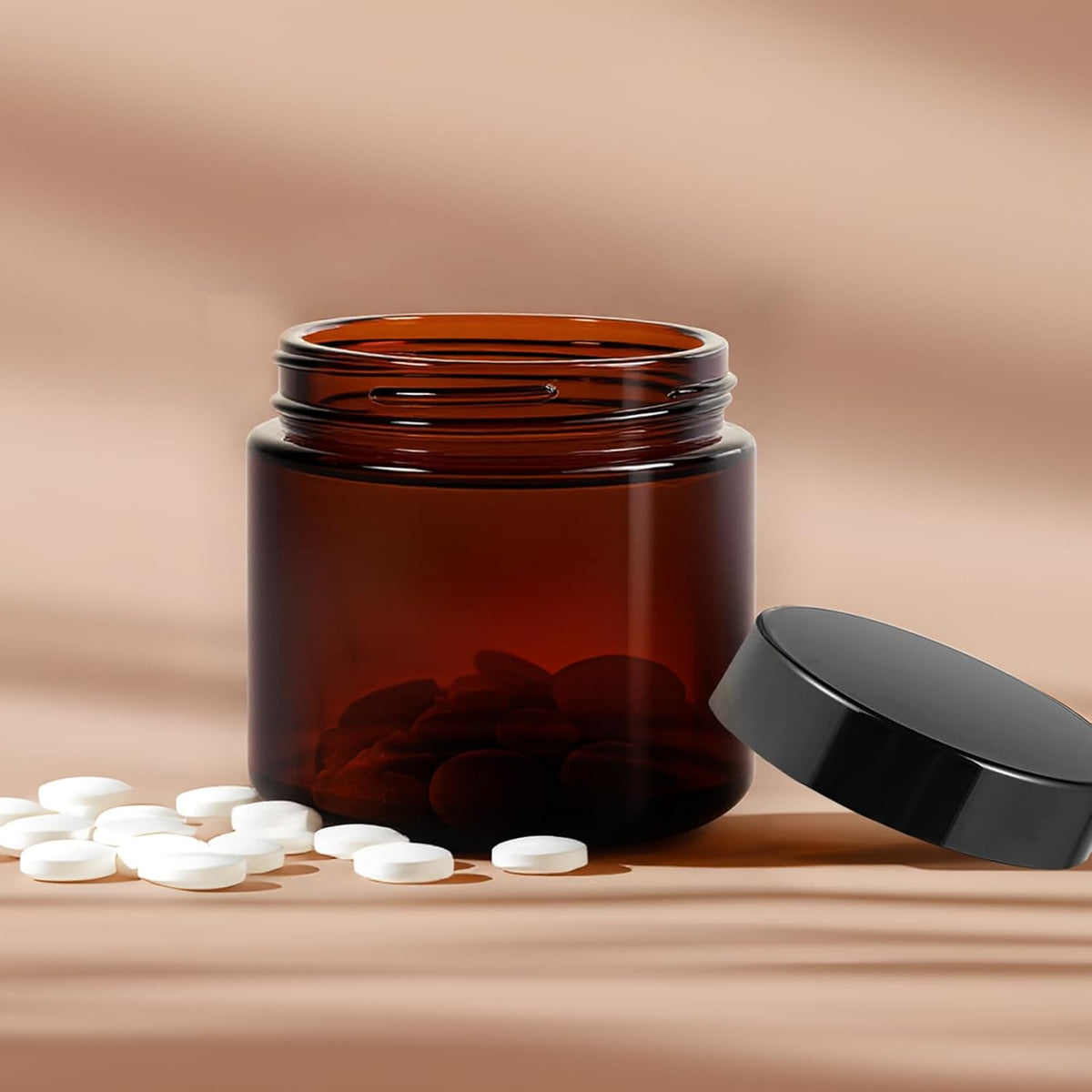 2oz Jars with Lids, HOA Kinh 40 Pack Amber Glass Jars with Lids Empty Cosmetic Containers Round Airtight Glass Jar with Black Lid for Storing Lotions Powders Ointments