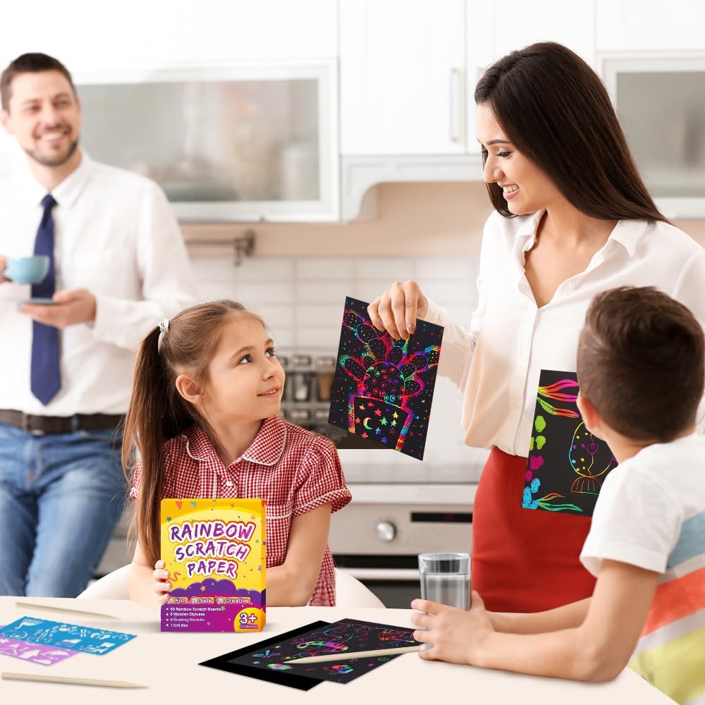 FUNNYB&G Rainbow Scratch Paper Art for Kids - 200 Pcs Magic Rainbow Scratch Paper Off Set Scratch Crafts Arts Supplies Kit Pads Sheets for Party Games Halloween Christmas Birthday Gifts