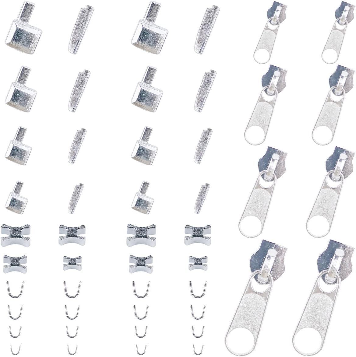 48 Pieces Metal Zipper Repair Accessories Set, Zipper Head Slider Retainer Box Insert Pin Top Bottom Stoppers for DIY Sewing Replacement Zipper Repair Kit 3# 5# 8# 10# (Platinum)