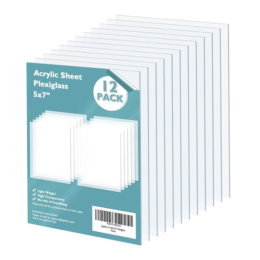 Egofine Plexiglass Sheets Acrylic Sheets 12 Pack of 5x7’’ 0.04 Thick Clear Plastic Cast Transparent Plexi Glass for Crafting Projects, Replacement Picture Frame Glass, DIY Display, Easy to Cut