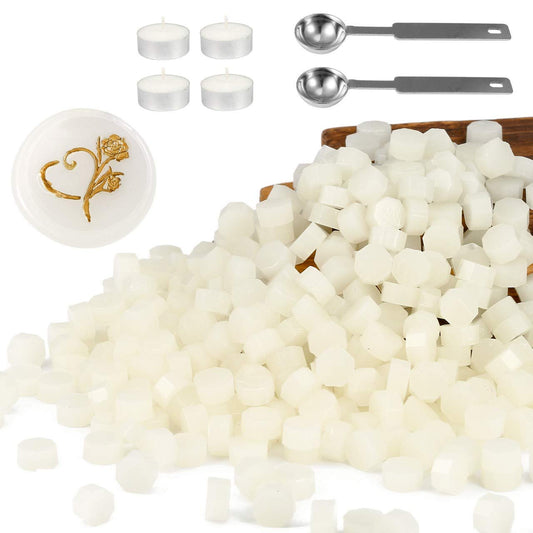 Yoption 360Pcs Cream White Sealing Wax Beads with 2 Spoons and 4 Tea Candles for Wax Seal Stamps, Cards, Wedding Invitations, Wine Packaging, Gift Wrap, Envelopes