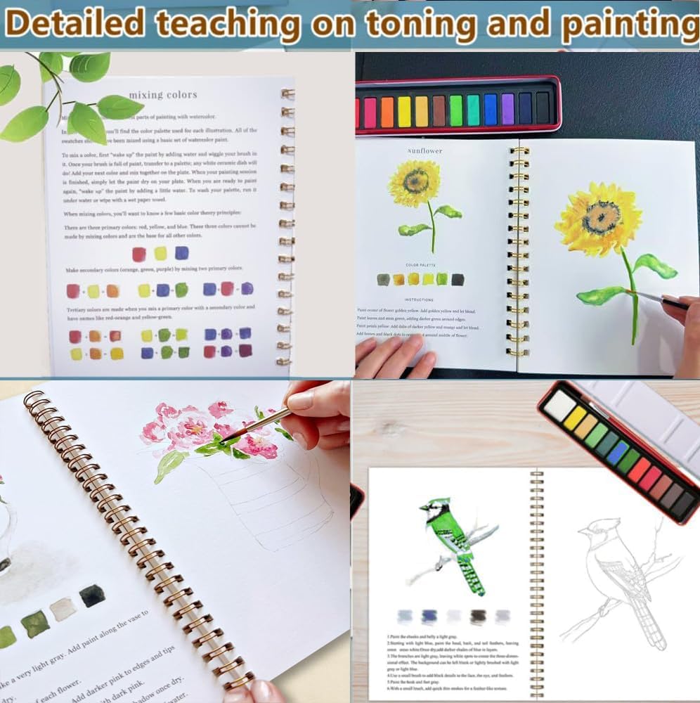 Watercolor Workbooks, Beginner Watercolor Painting Kit – 12 Colors Paint Set with Brush