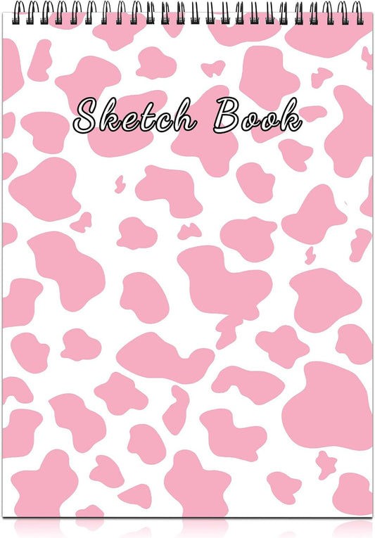 Deokke Sketchbook Top Spiral Bound Sketch Pad, 9 x 12 inch,100GSM Thick Paper,50 Sheets 100 Pages,Art Sketch Book Aesthetic Cute Drawing Writing Paper,for Girls Women-Pink Cow Pattern Western