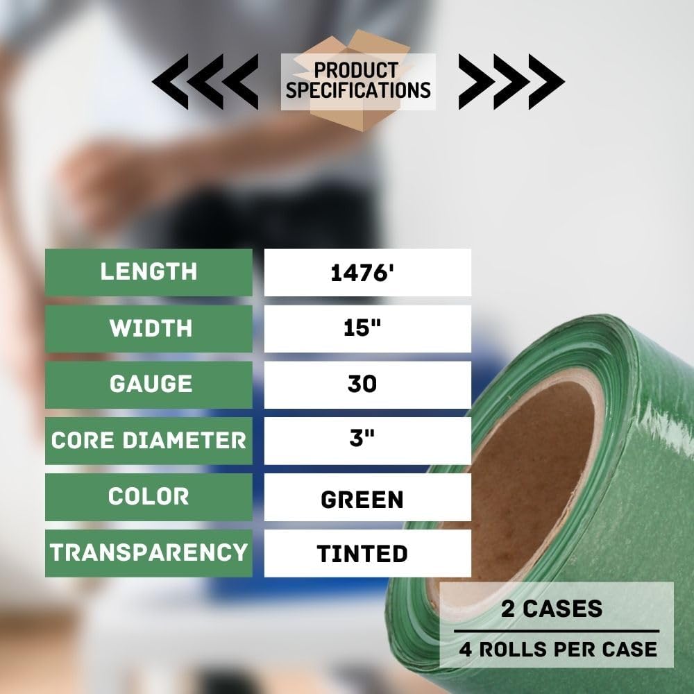 PSBM Green Stretch Wrap, 15 Inch x 1476 Feet, 8 Pack, Tinted Pre-Stretched Shrink Wrap Film for Moving, Packaging, Pallet Wrapping