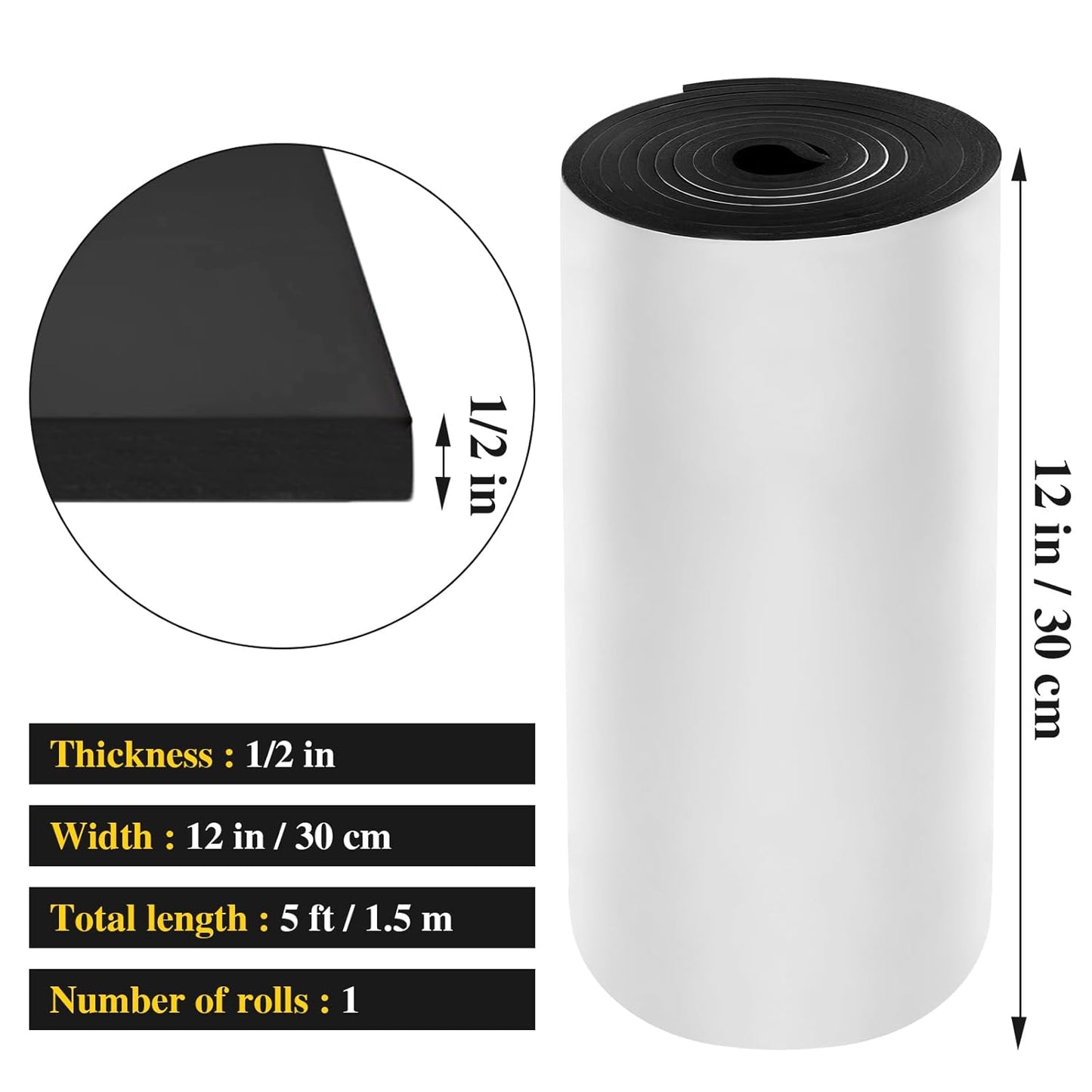 Adhesive Foam Roll Neoprene Sponge Foam Sheet Roll Closed Cell Insulation Closed Cell Foam Sheet Soundproof Foam Padding (Black, 12x59x1/2 Inches)