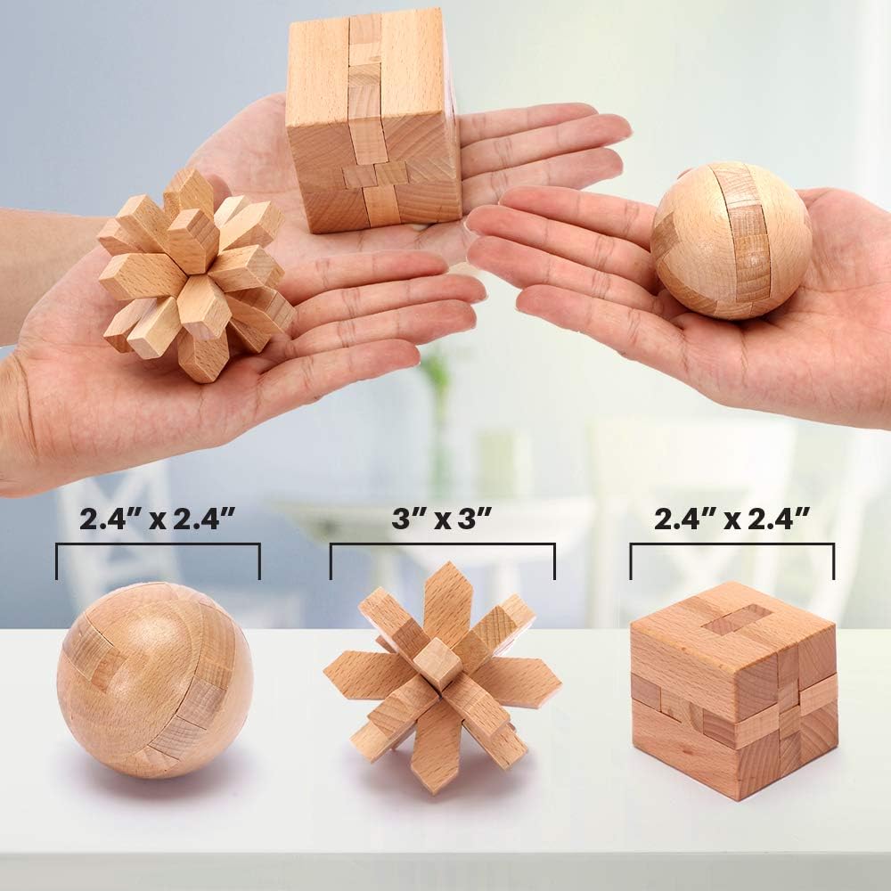 LESONG Brain Teasers Metal and Wooden Puzzles for Kids and Adults 9 Pack, Mind, IQ, and Logic Test and Handheld Disentanglement Games, 3D Coil Cast Wire Chain and Durable Wood Educational Toys