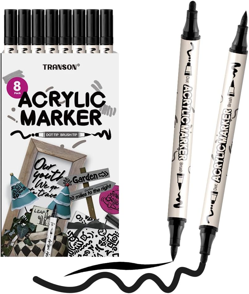 TRANSON 8 Pack Black Brush and Bold Dual-tip Acrylic Paint Marker for DIY Glass Canvas Wood Leather Ceramic Rock Painting