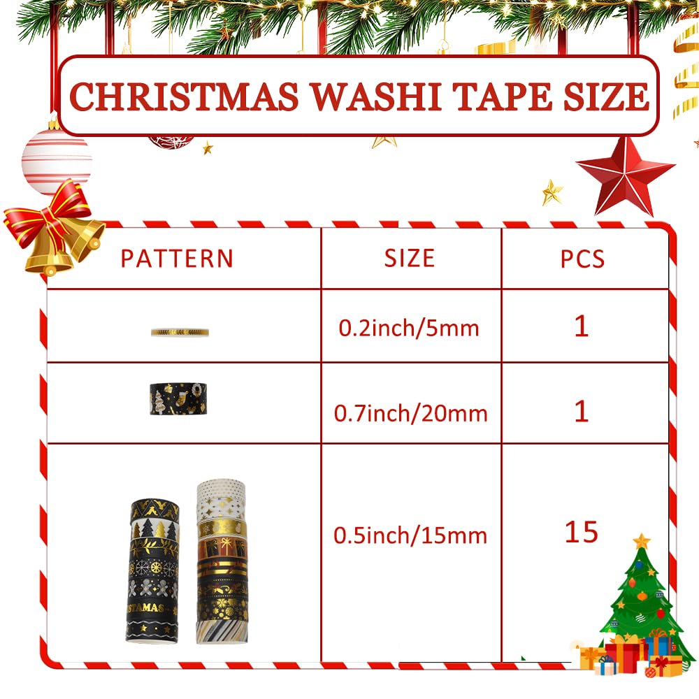 17 Rolls Christmas Washi Tape Set Holiday Washi Tape for Journaling Decorative Tapes Christmas Packing Tape Designs Journaling Kit for Women Gifts for Daughter Granddaughter Stocking Stuffer for Women