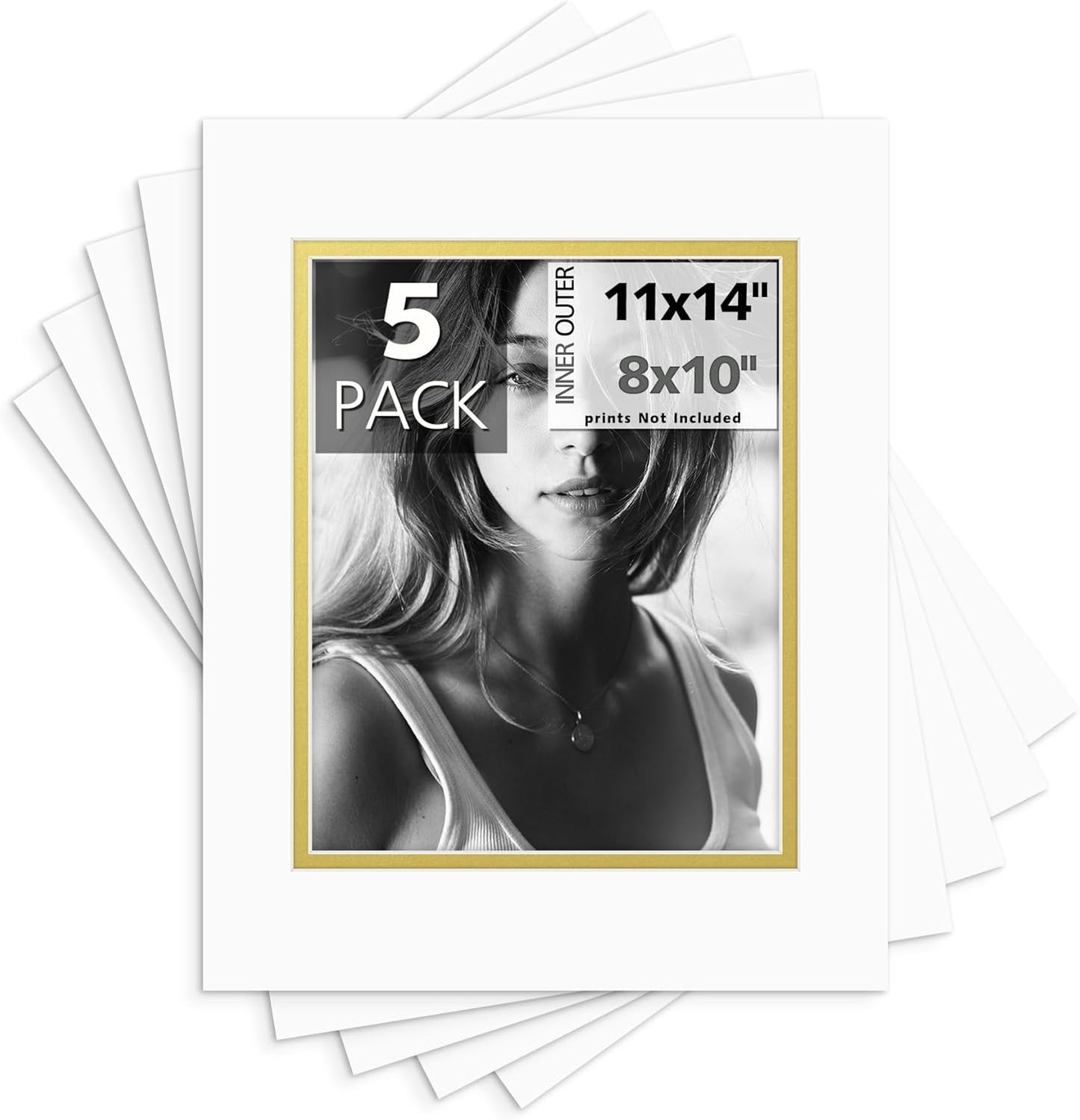 Mat Board Center, Double Mat - Acid Free, 8-ply Thickness, White Core - for Pictures, Photos, Framing (Off White Over Gold, 11x14 for 8x10, Pack of 5)