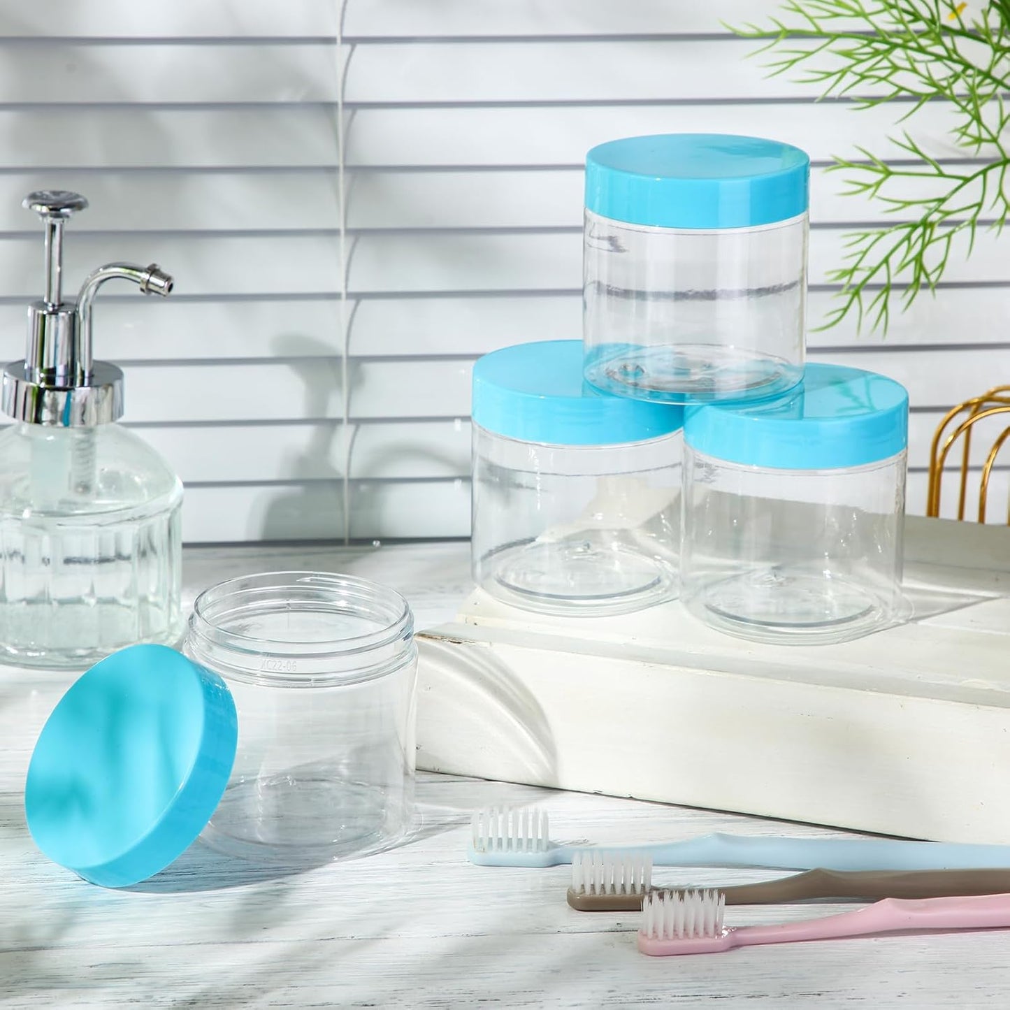 SATINIOR 12 Pack 8 oz Plastic Container Jars with Lids Round Clear Travel Cosmetic Container Slime Jars for Toiletries, Lotion, Cream, Ointments, Makeup, Rhinestone, Samples, Kitchen Storage(Blue)