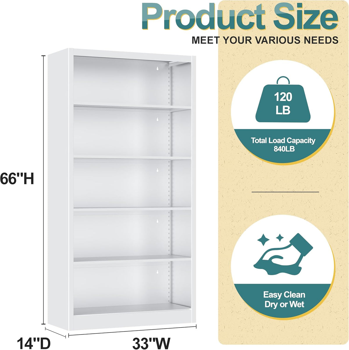 66"Heavy-Duty Steel Open Storage Cabinet with Adjustable Shelves, 6-Tier Shelving Unit, Easy Assembly Freestanding Organizer for Garage, Pantry,Office, Living Room (White, 5 Tier-66"Hx 33"W x14"D)