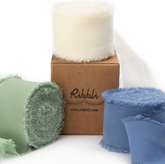 Ribbli Chiffon 1.5 Inch x 30 Yard Handmade Silk Ribbon - Ivory/Sage Green/Dusty Blue Fringe for Wedding Invitations, Bridal Bouquets, Wrapping, Flower Arrangement Decoration
